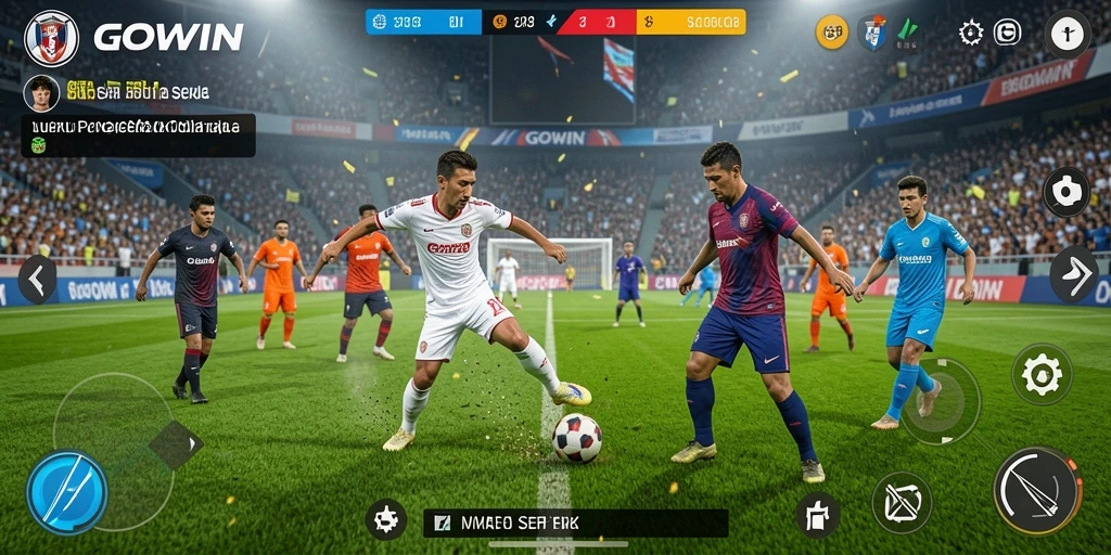 Tampilan gameplay GOWIN saat pertandingan sepak bola berlangsung.