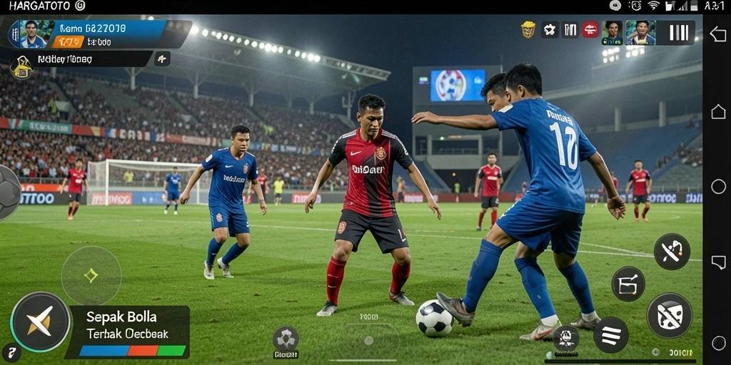 Tangkapan layar utama HARGATOTO menampilkan aksi seru di lapangan sepak bola.