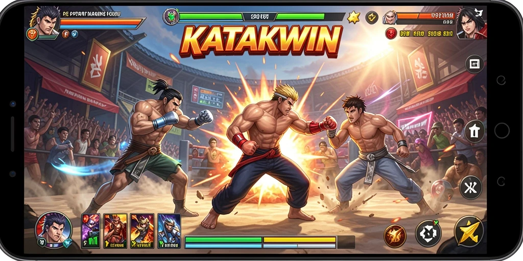 Tangkapan layar gameplay KATAKWIN menampilkan aksi pertarungan yang seru.