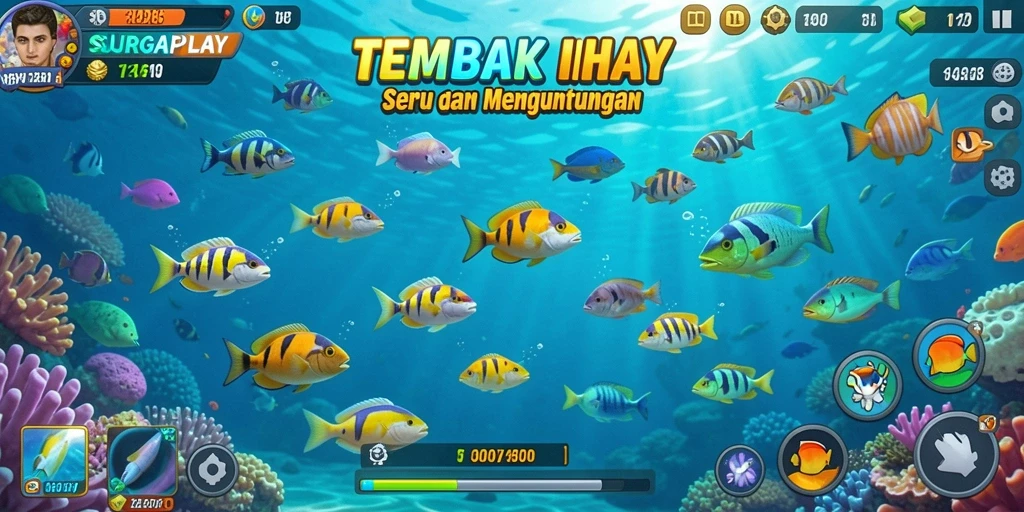 Tampilan gameplay seru di SURGAPLAY dengan ikan-ikan berwarna-warni.