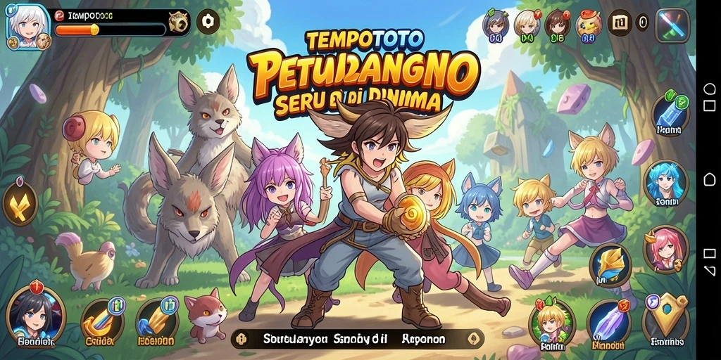 Tampilan gameplay seru dalam TEMPOTOTO yang menampilkan karakter anime.